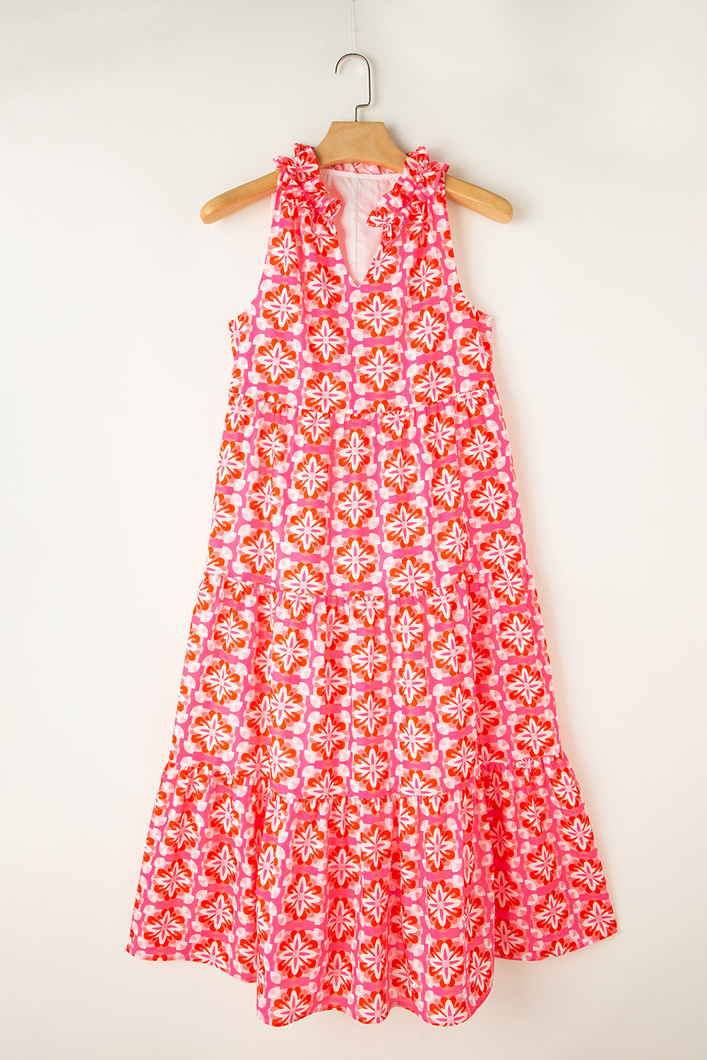 Pink Abstract Print Frill Split Neck Tiered Maxi Dress