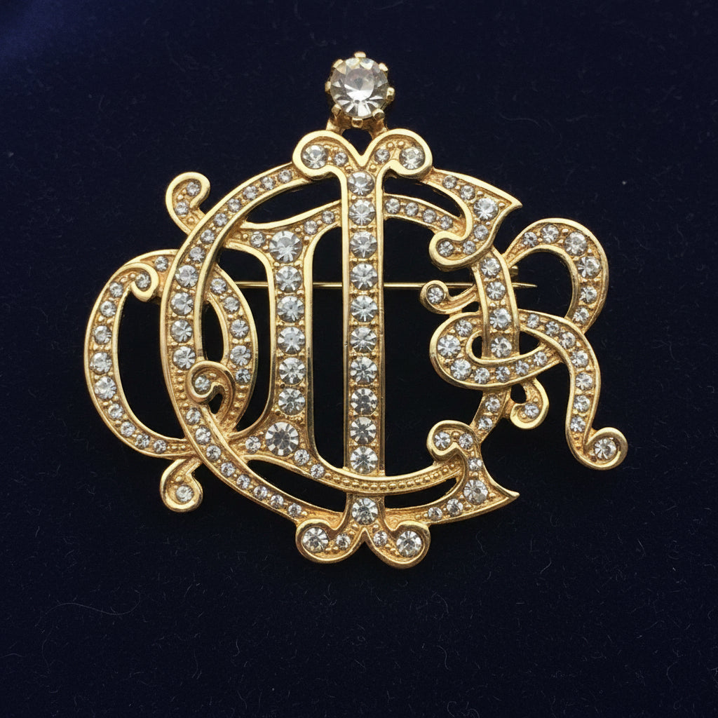 Vintage Christian Dior Monogram Rhinestone Brooch