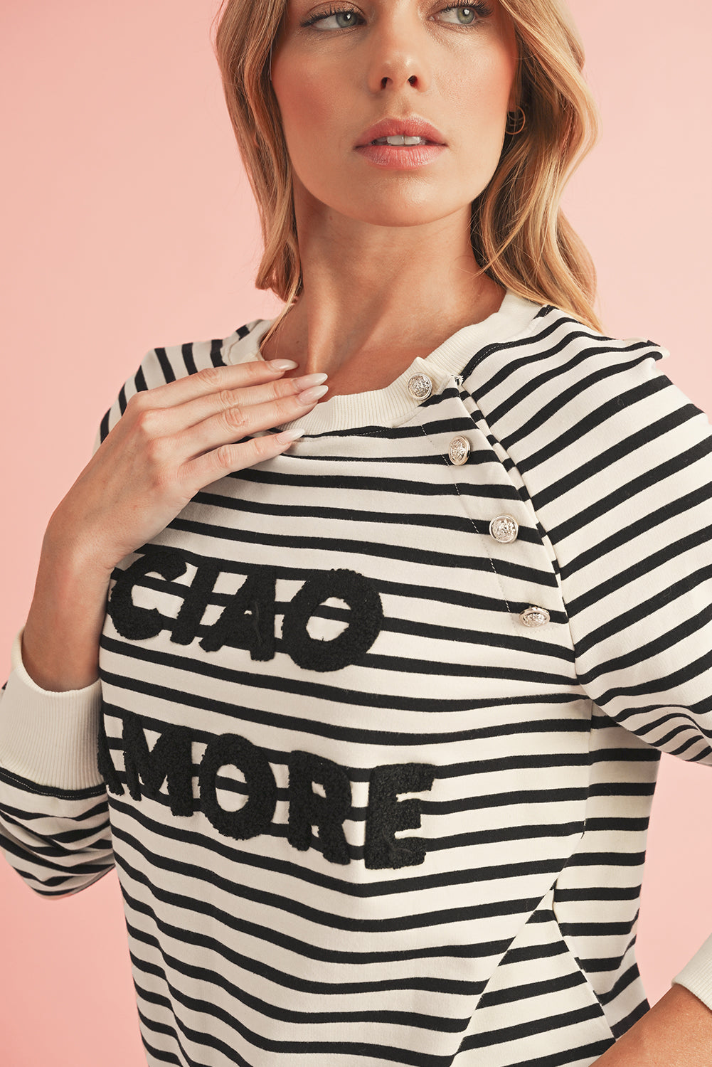 Ciao Amore Button Stripe Sweatshirt