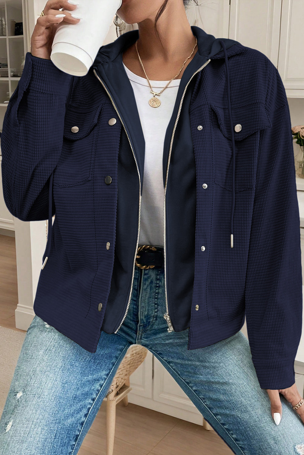 Beige Solid Color Textured Patchwork Flap Pocket Shacket
