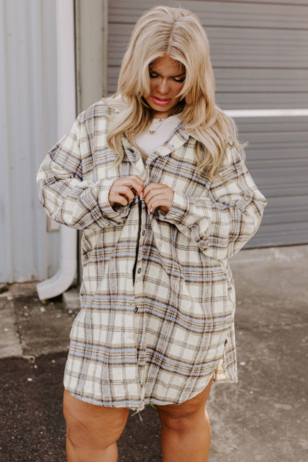 Natural Plaid Shacket Plus Size