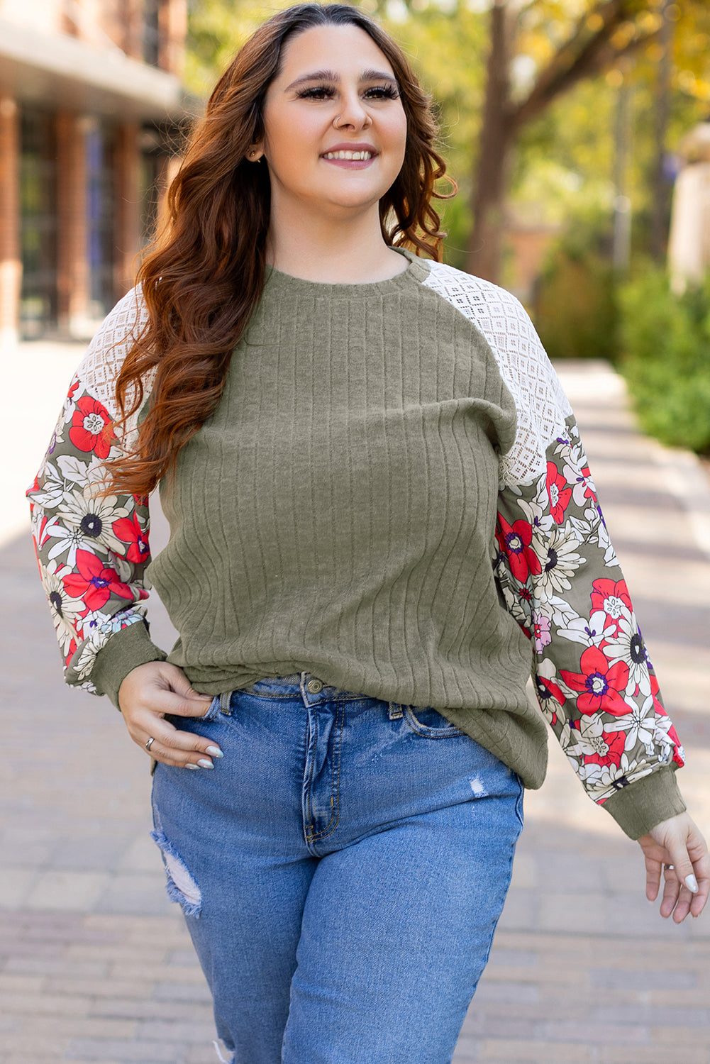 Flowery Raglan Sleeve Blouse Plus Size