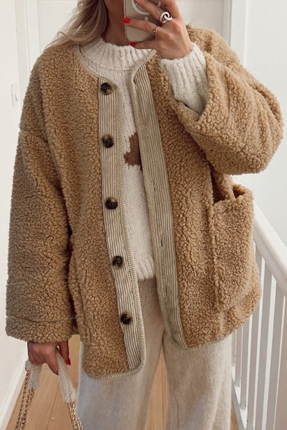 Light French Beige Puffy Plush Corduroy Edge Patchwork Jacket with Big Pockets