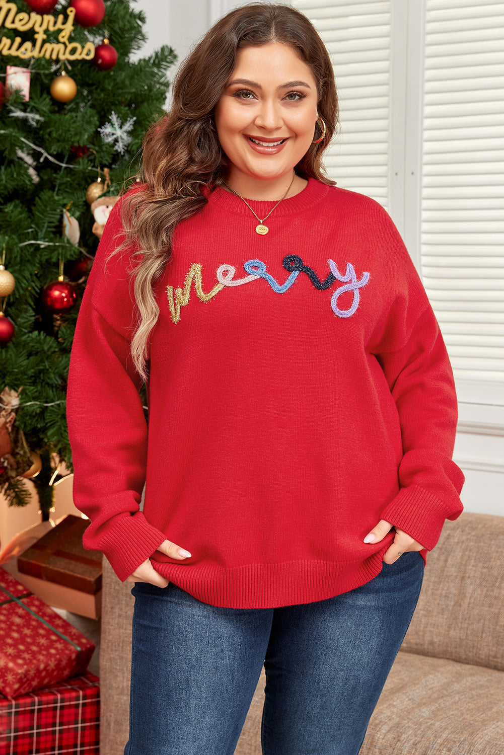 Fiery Red Tinsel merry Pattern Christmas Plus Size Sweater