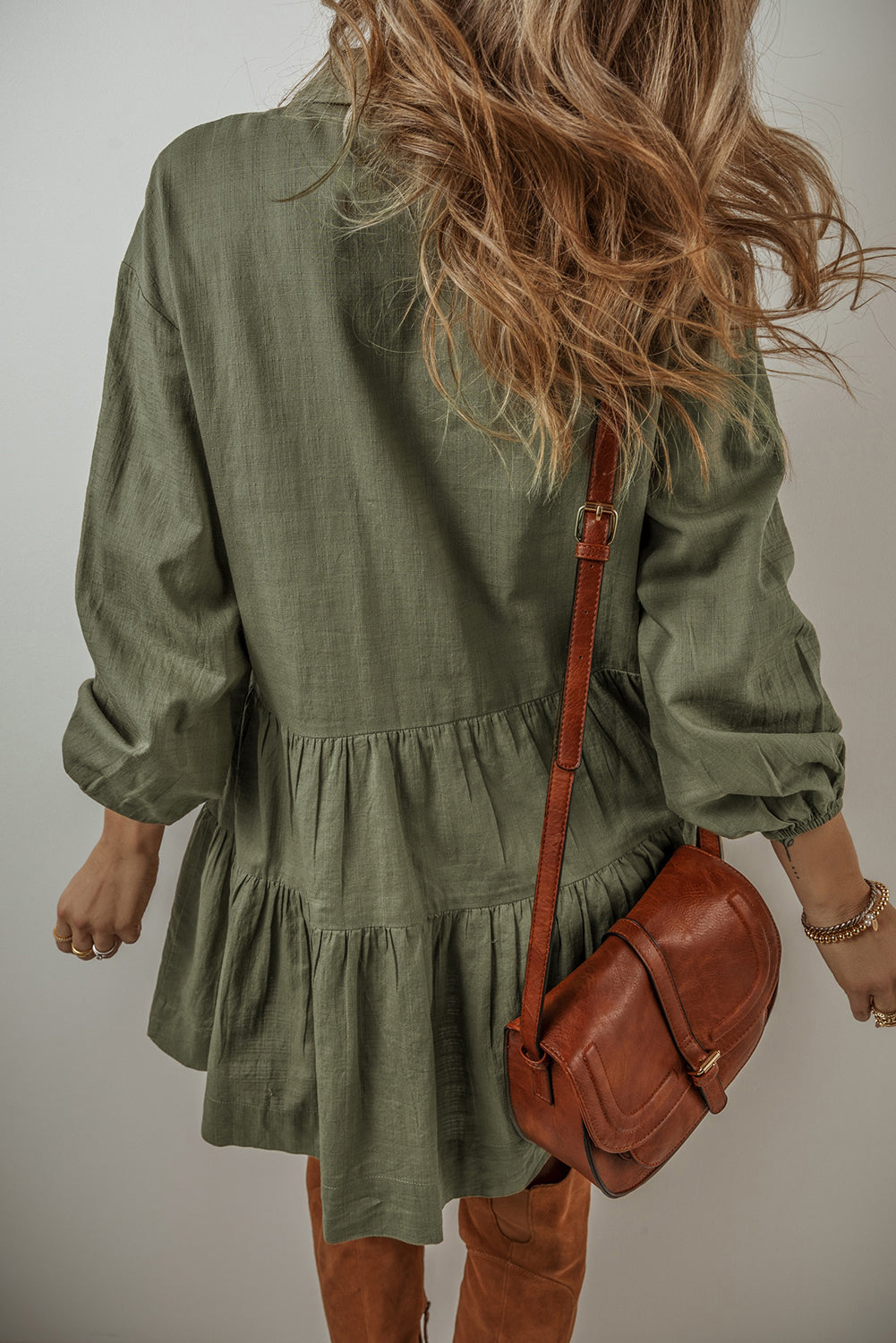 Tiered Pleated Mini Shirt Dress