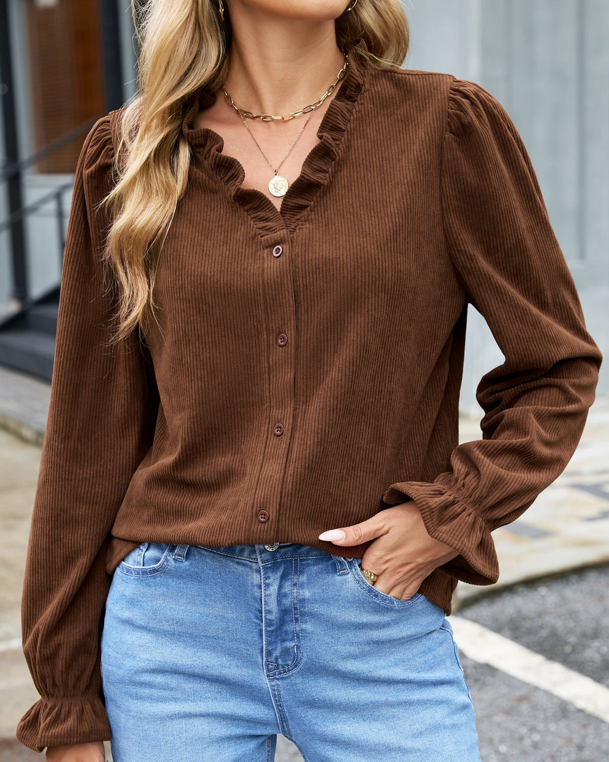 Ruffle Trim V-Neck Corduroy Shacket
