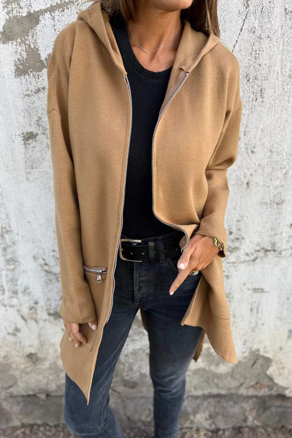 French Beige Zip Hooded Coat