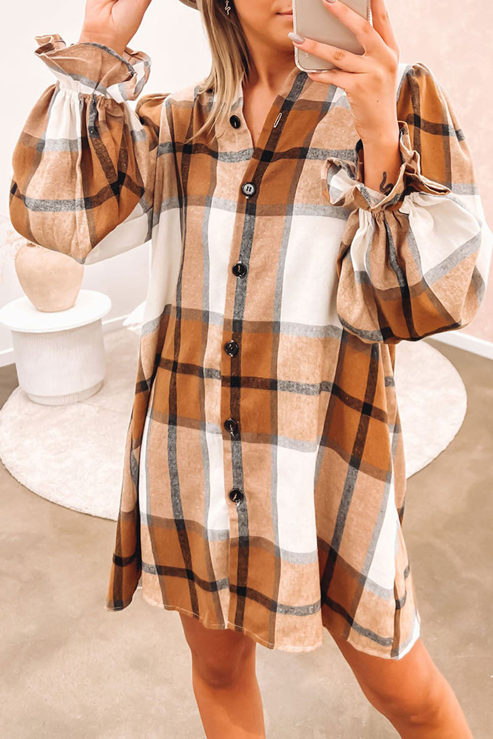 Plaid Ruffle Sleeve Shirt Dress