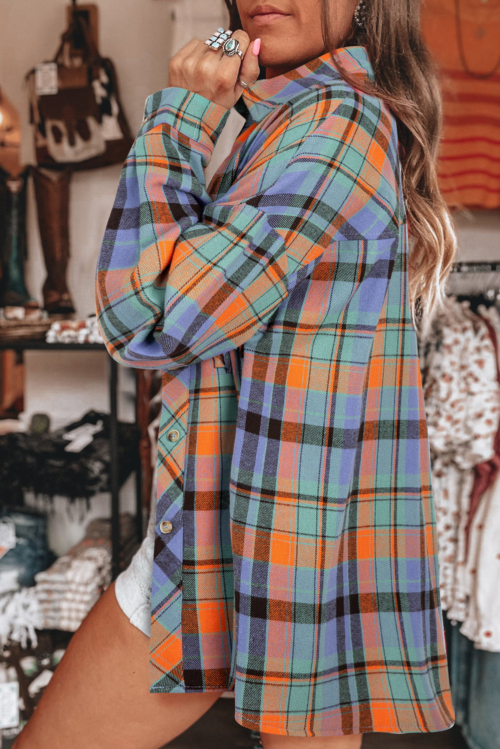 Orange Plaid Print Pocket Loose Shirt
