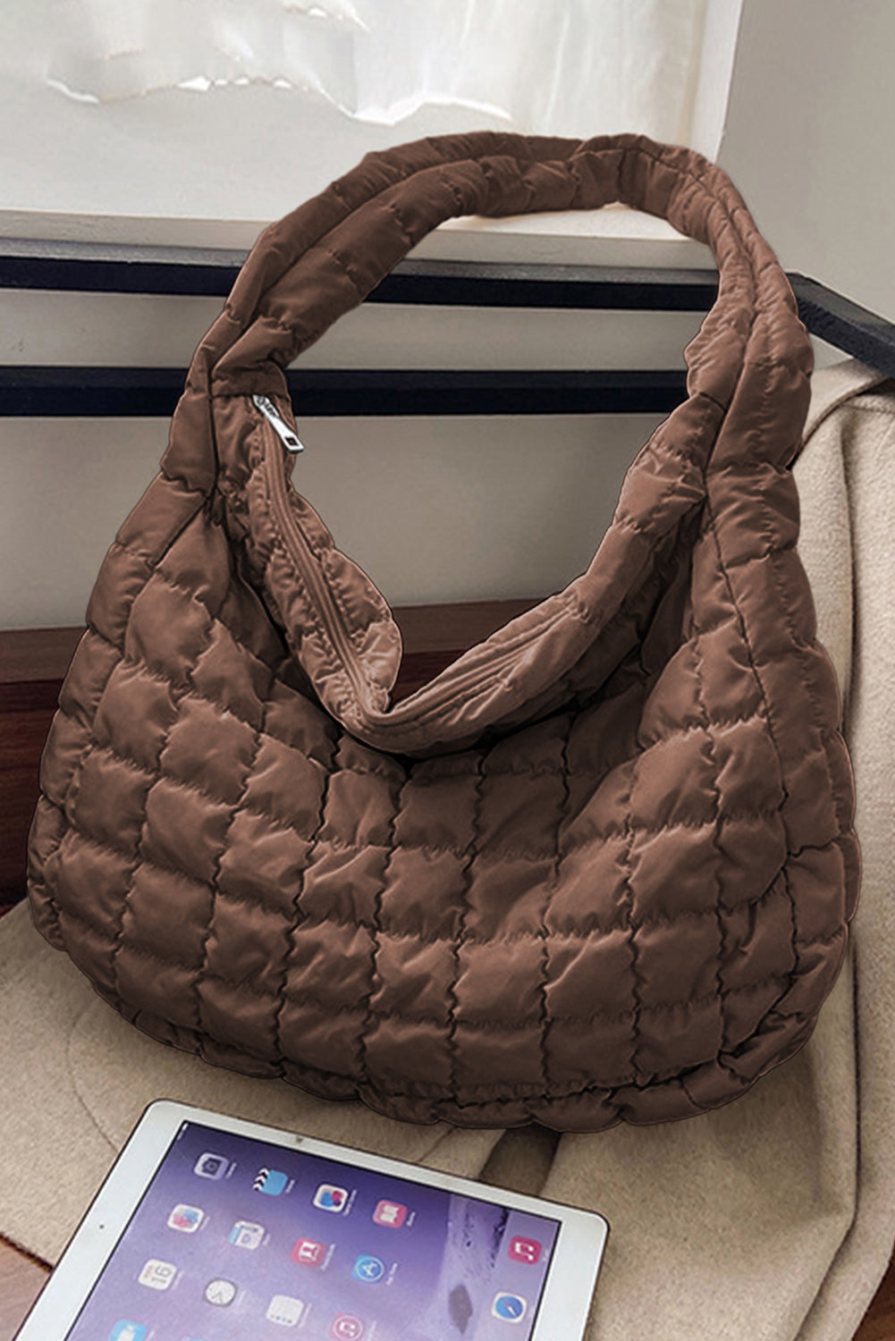 Quilted Zip Large Shoulder Bag