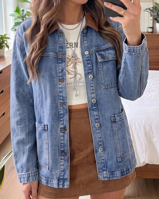 Faux Leather Collar Long Denim Jacket