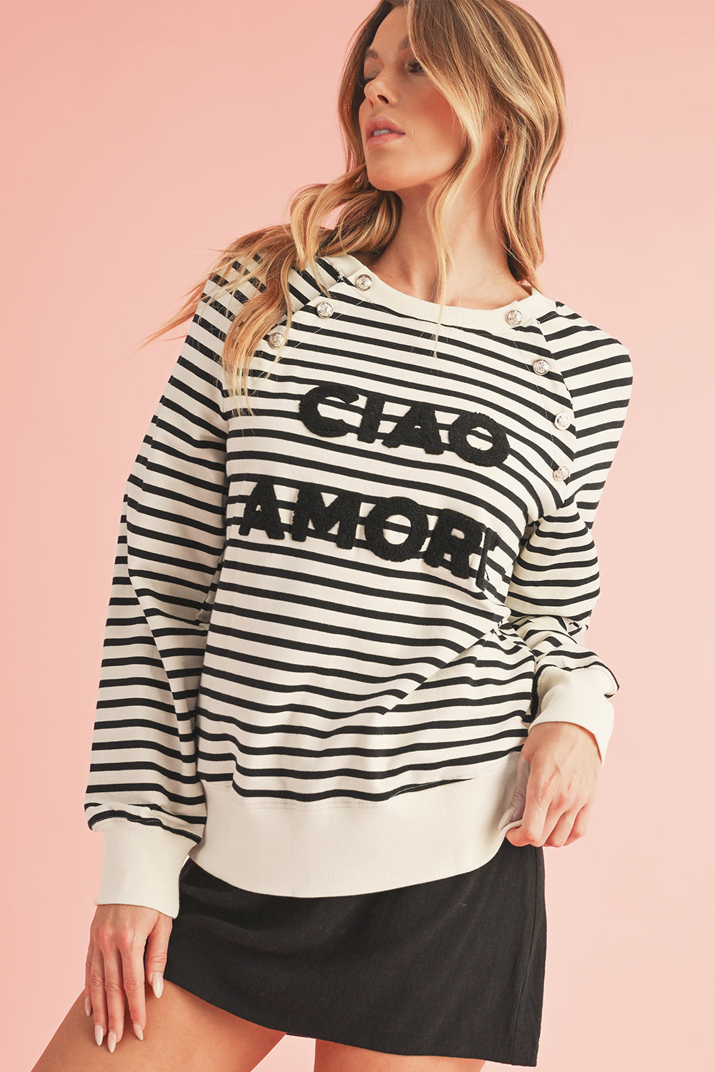 Ciao Amore Button Stripe Sweatshirt