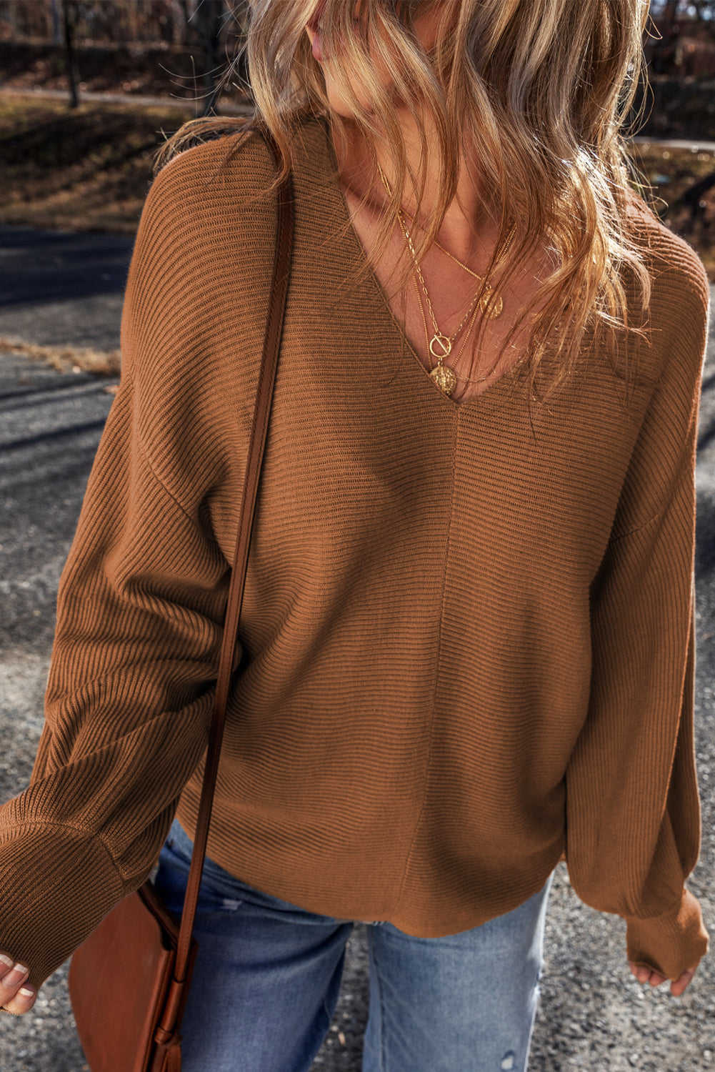 Ribbed Knit Drop Sleeve V Neck Sweater