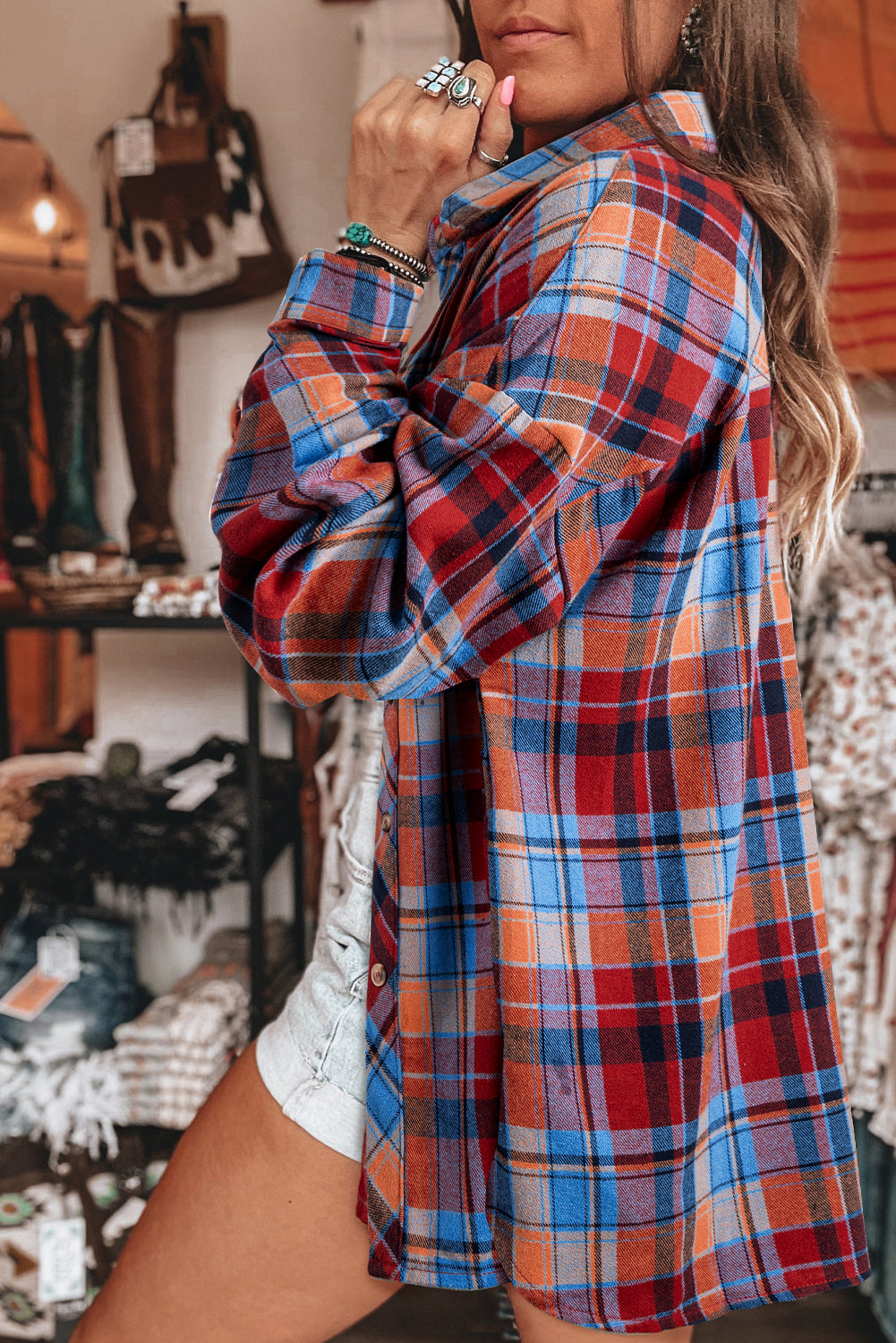 Orange Plaid Print Pocket Loose Shirt