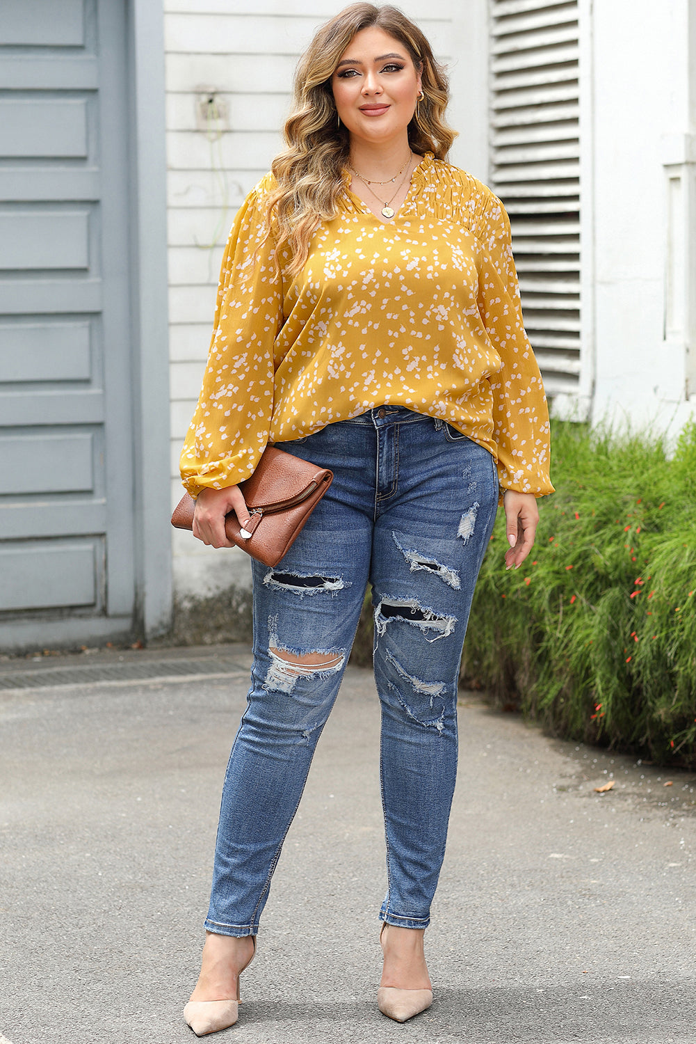 Yellow Print Split Neck Blouse Plus Size