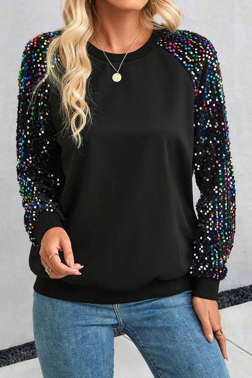 Color Sequin Raglan Sleeve Sweatshirt