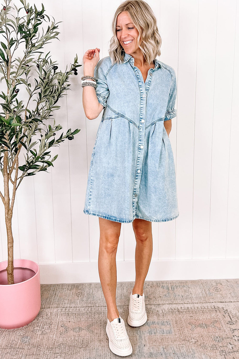 Denim. Ruffled Sleeve Denim Dress