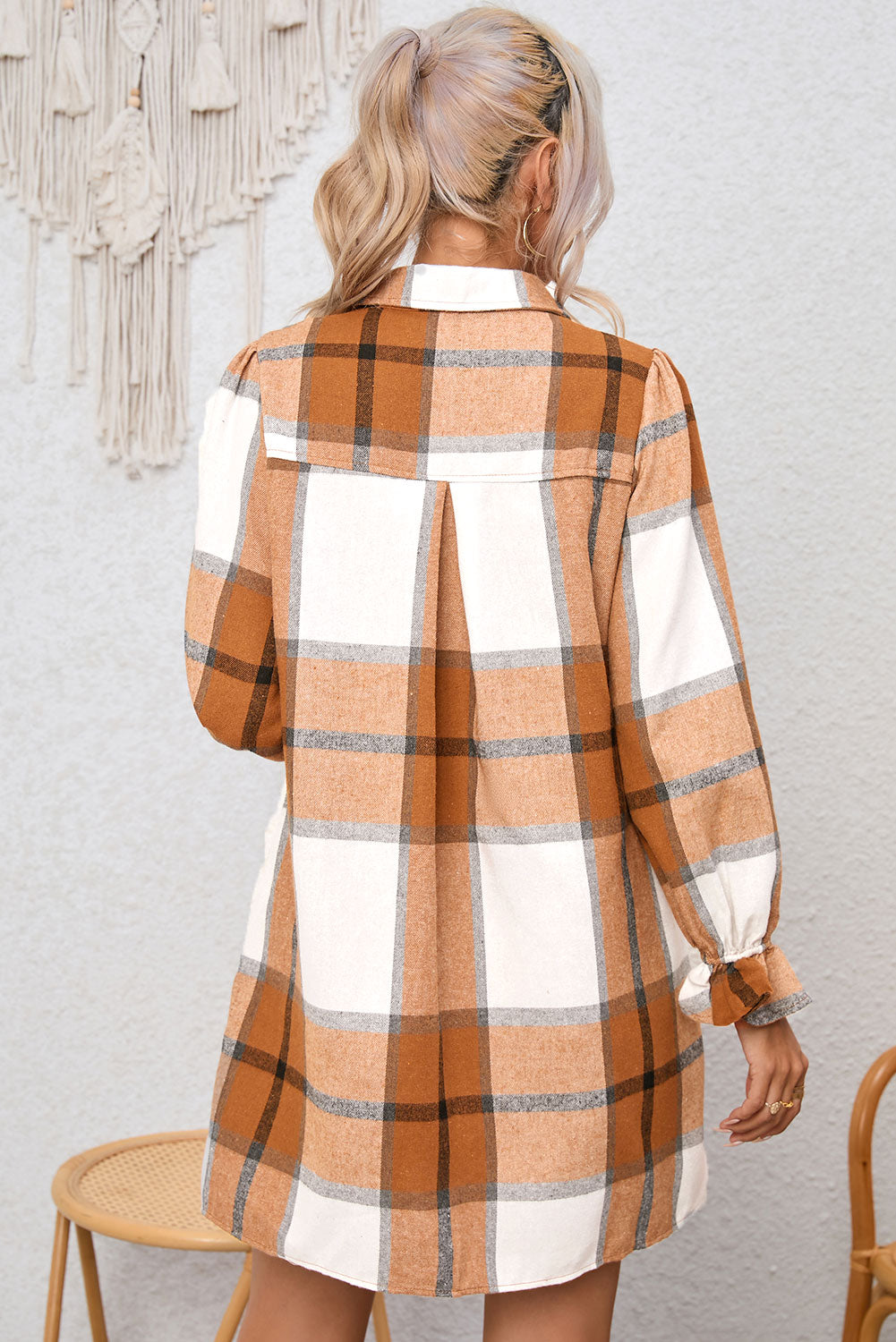 Plaid Ruffle Sleeve Shirt Dress