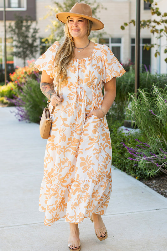 Apricot Floral Print Puff Sleeve Maxi Dress Plus Size