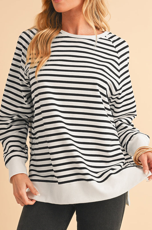 Black Stripe Raglan Sleeve Loose Split Sweatshirt