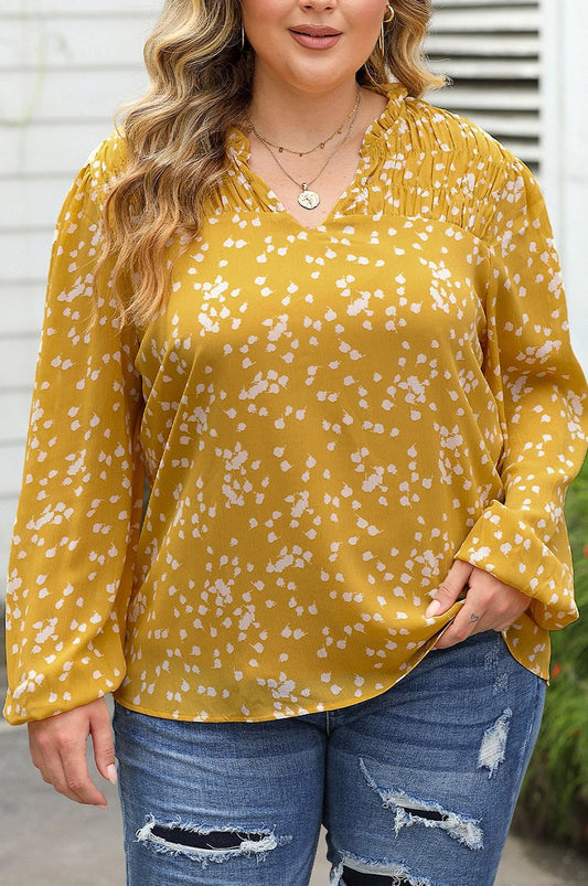 Yellow Print Split Neck Blouse Plus Size