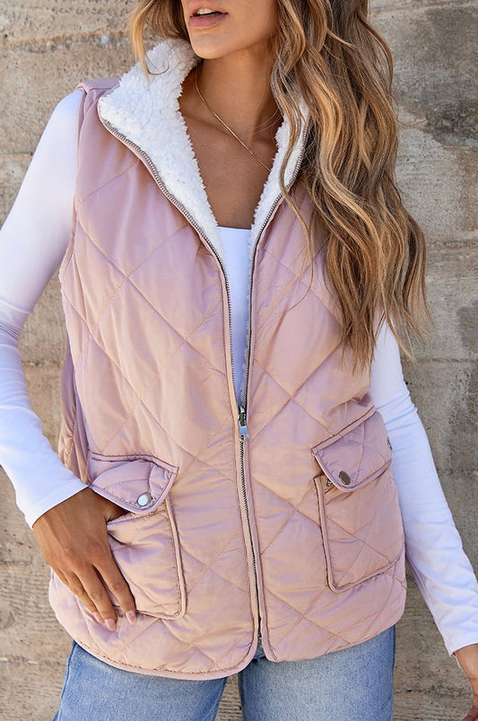 Pink Fleece Lined Quilted Vest Coats