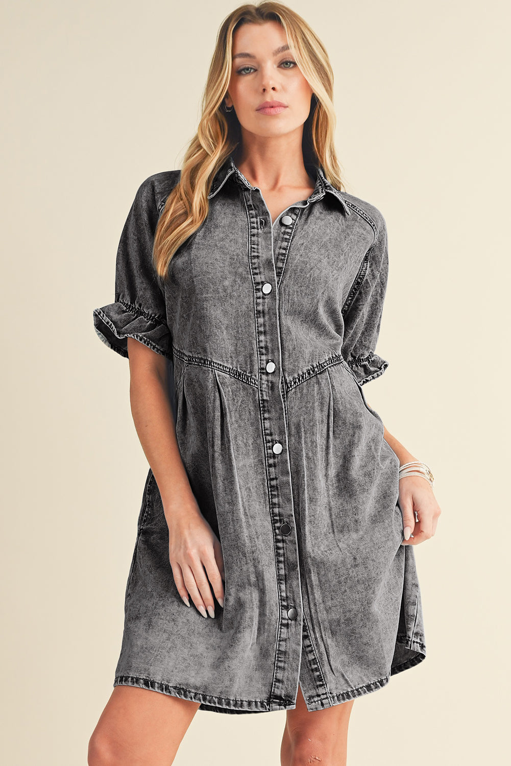 Denim. Ruffled Sleeve Denim Dress