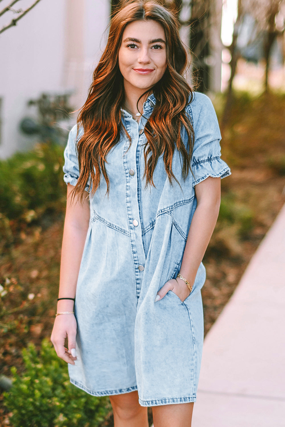 Denim. Ruffled Sleeve Denim Dress