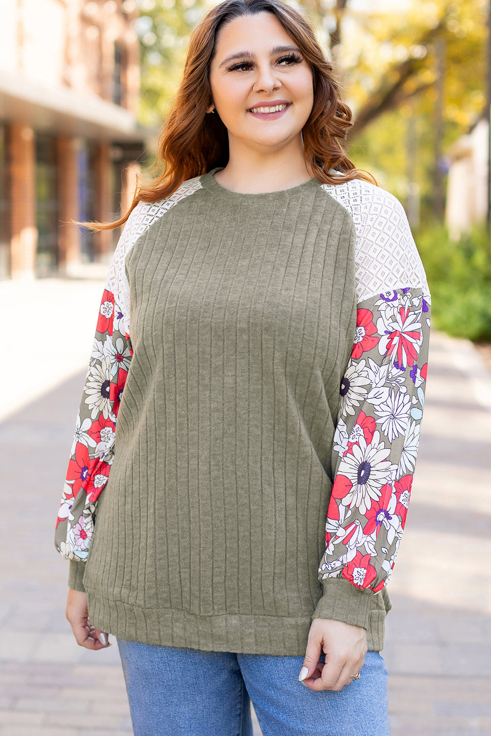 Flowery Raglan Sleeve Blouse Plus Size