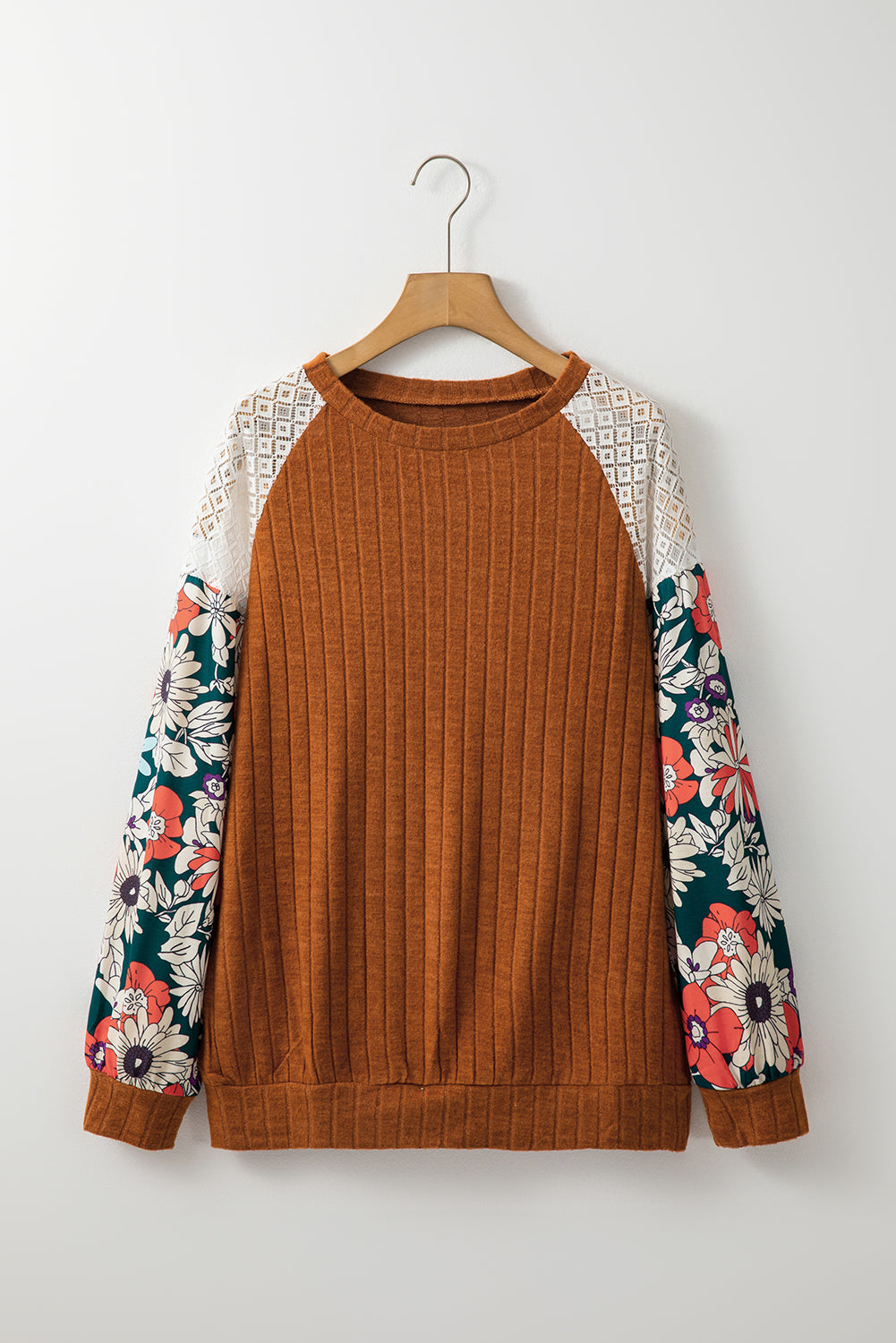 Flowery Sleeve Ribbed Blouse