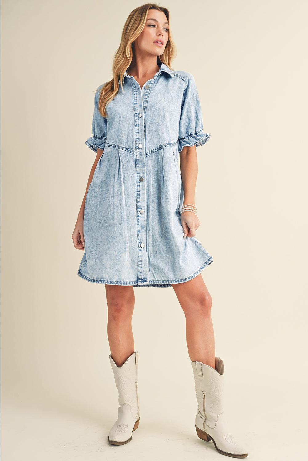 Denim. Ruffled Sleeve Denim Dress