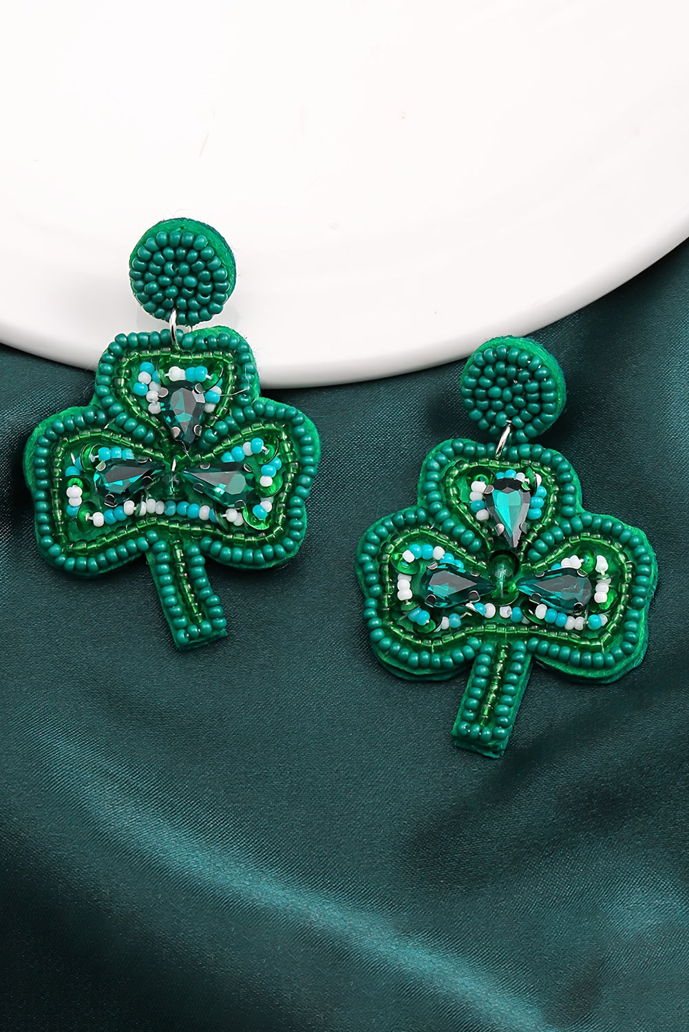 Blackish Green St Patrick Clover Beaded Dropping Earrings