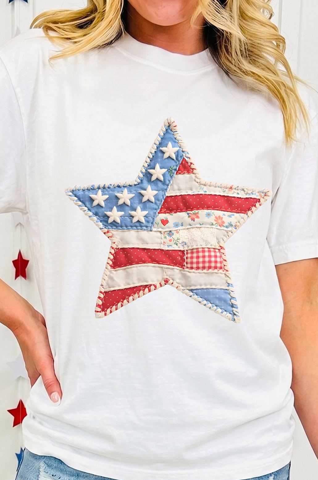 White Faux Patchwork Star Printed Patriotic Graphic Tee