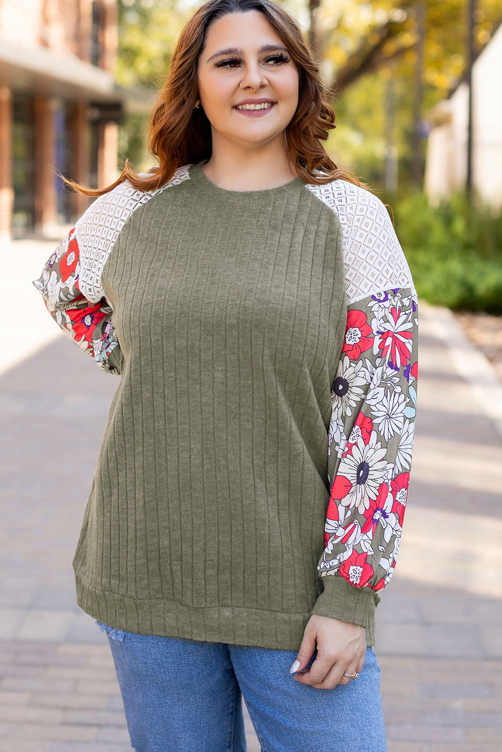 Flowery Raglan Sleeve Blouse Plus Size