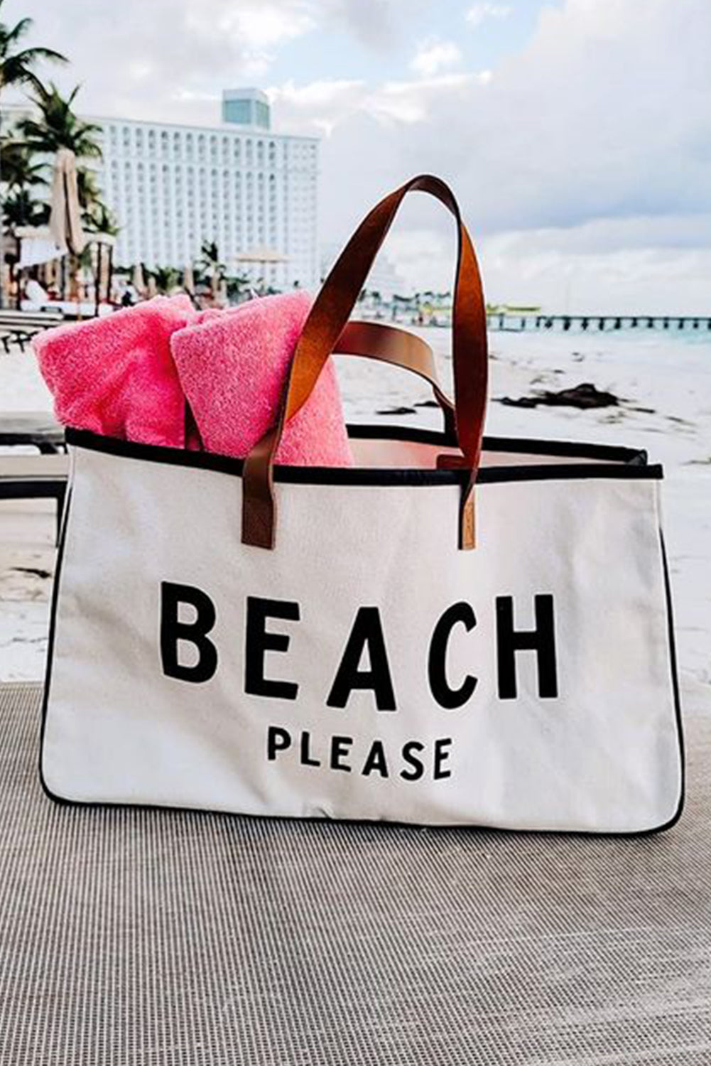 BEACH PLEASE Large Canvas Tote Bag