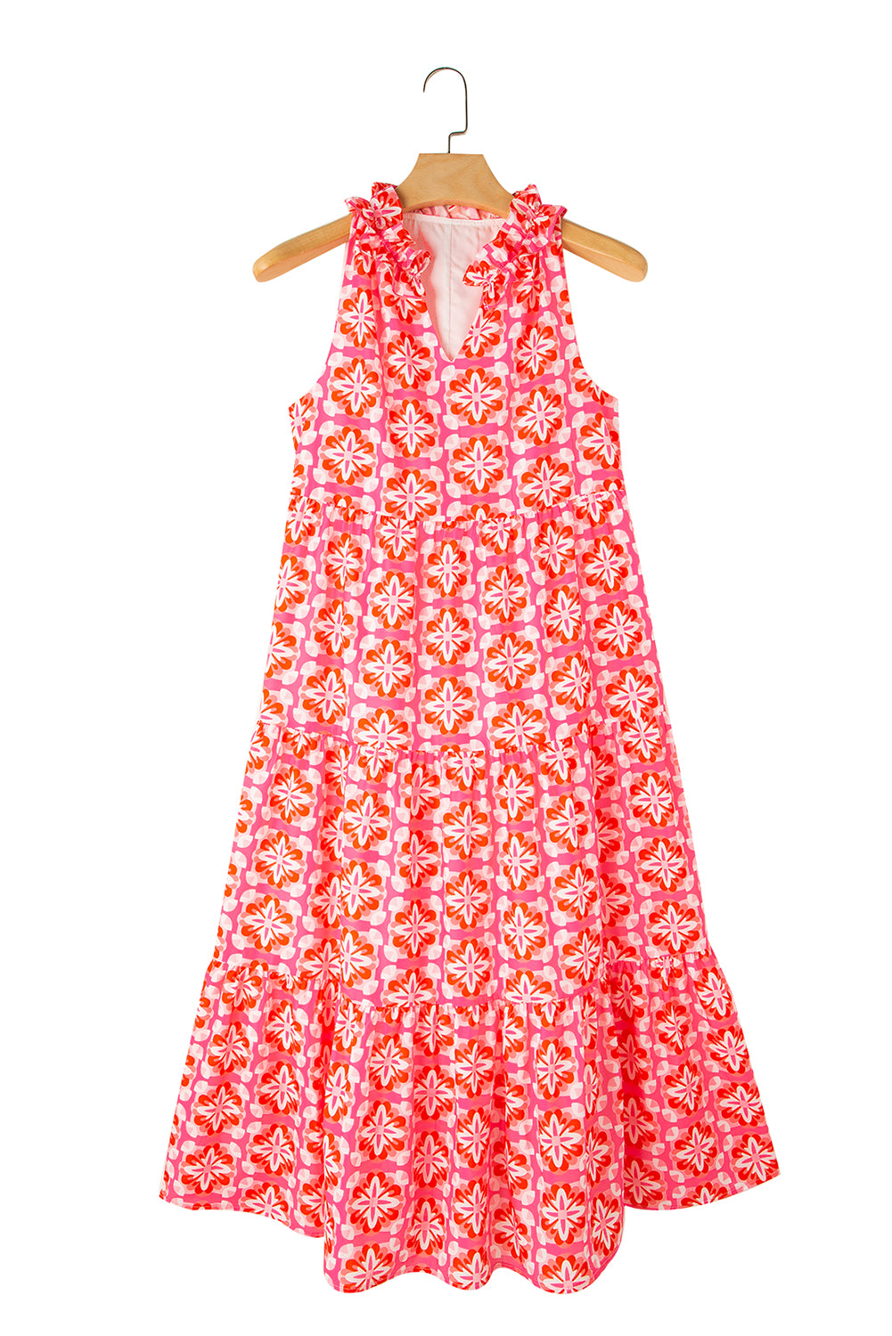 Pink Abstract Print Frill Split Neck Tiered Maxi Dress