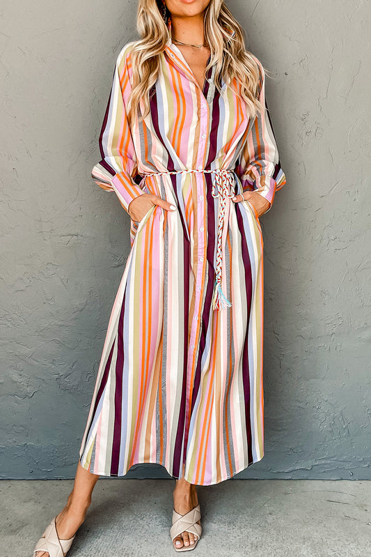 Striped Cuffed Sleeve Tassel Tied Maxi Shirt Dress