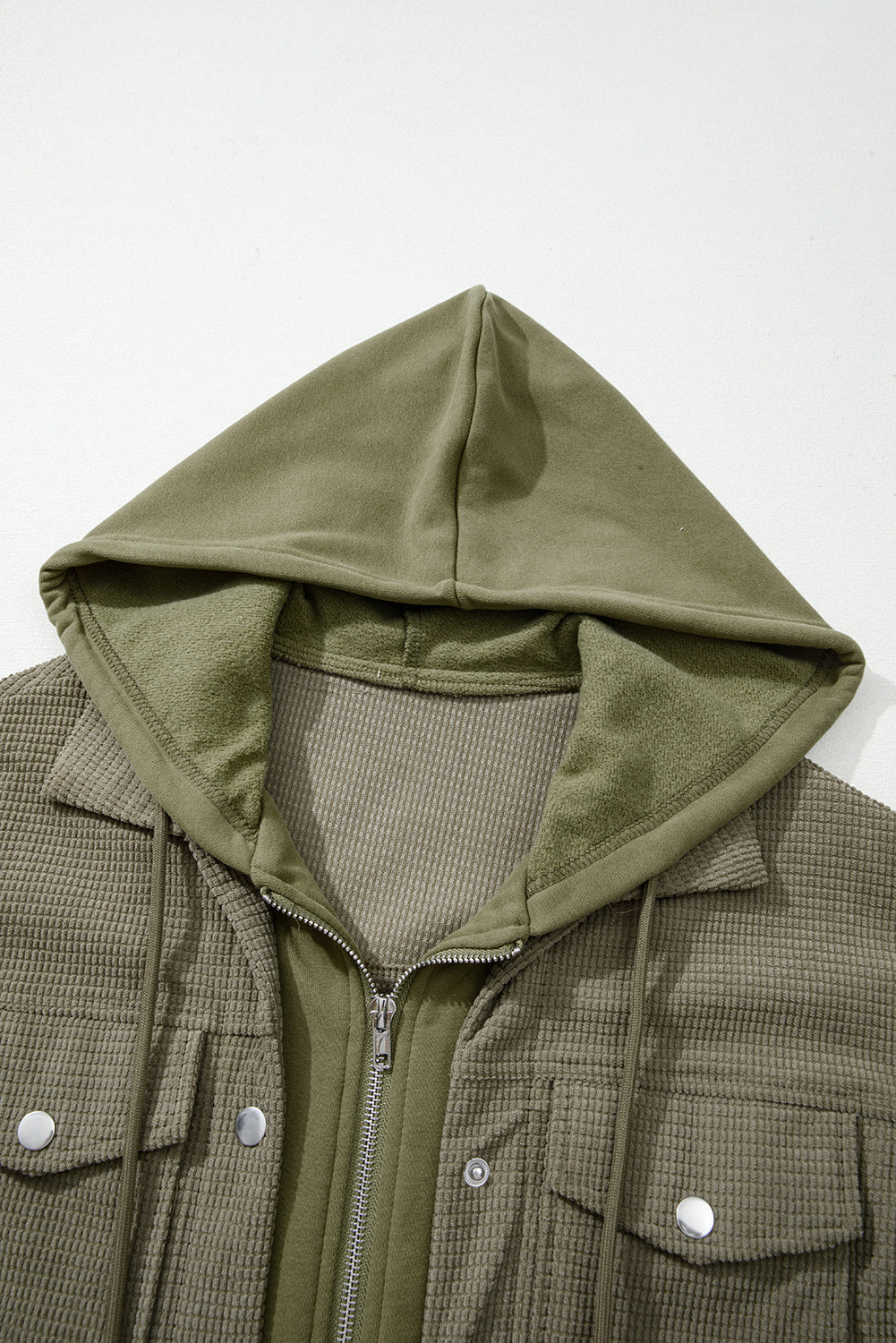 Beige Solid Color Textured Patchwork Flap Pocket Shacket