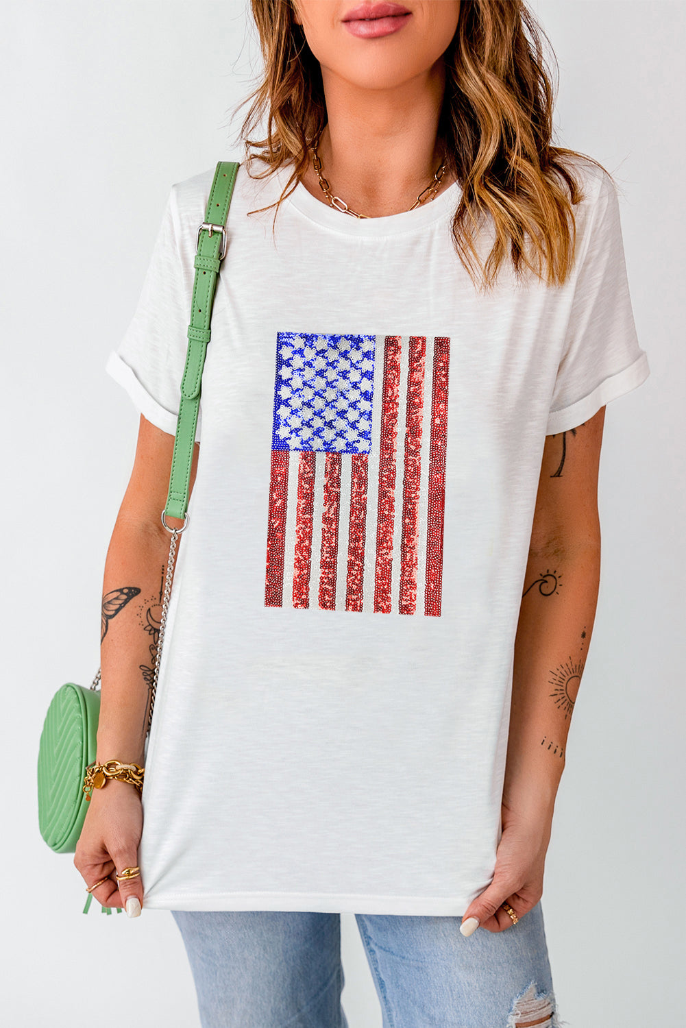 White Shimmery USA Flag Graphic Round Neck Tee