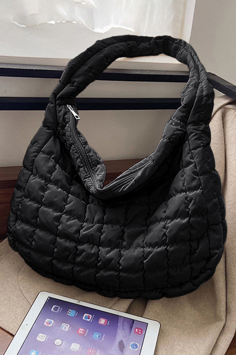 Quilted Zip Large Shoulder Bag