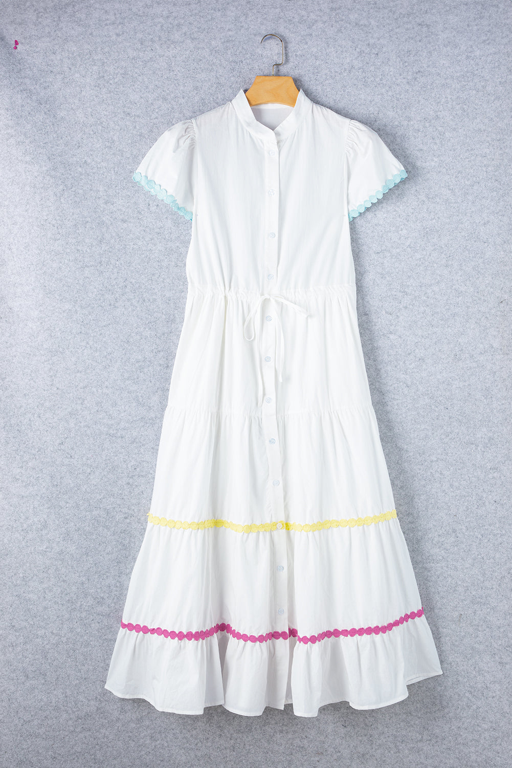 White High Waist Short Sleeve Tiered Shirt Dress