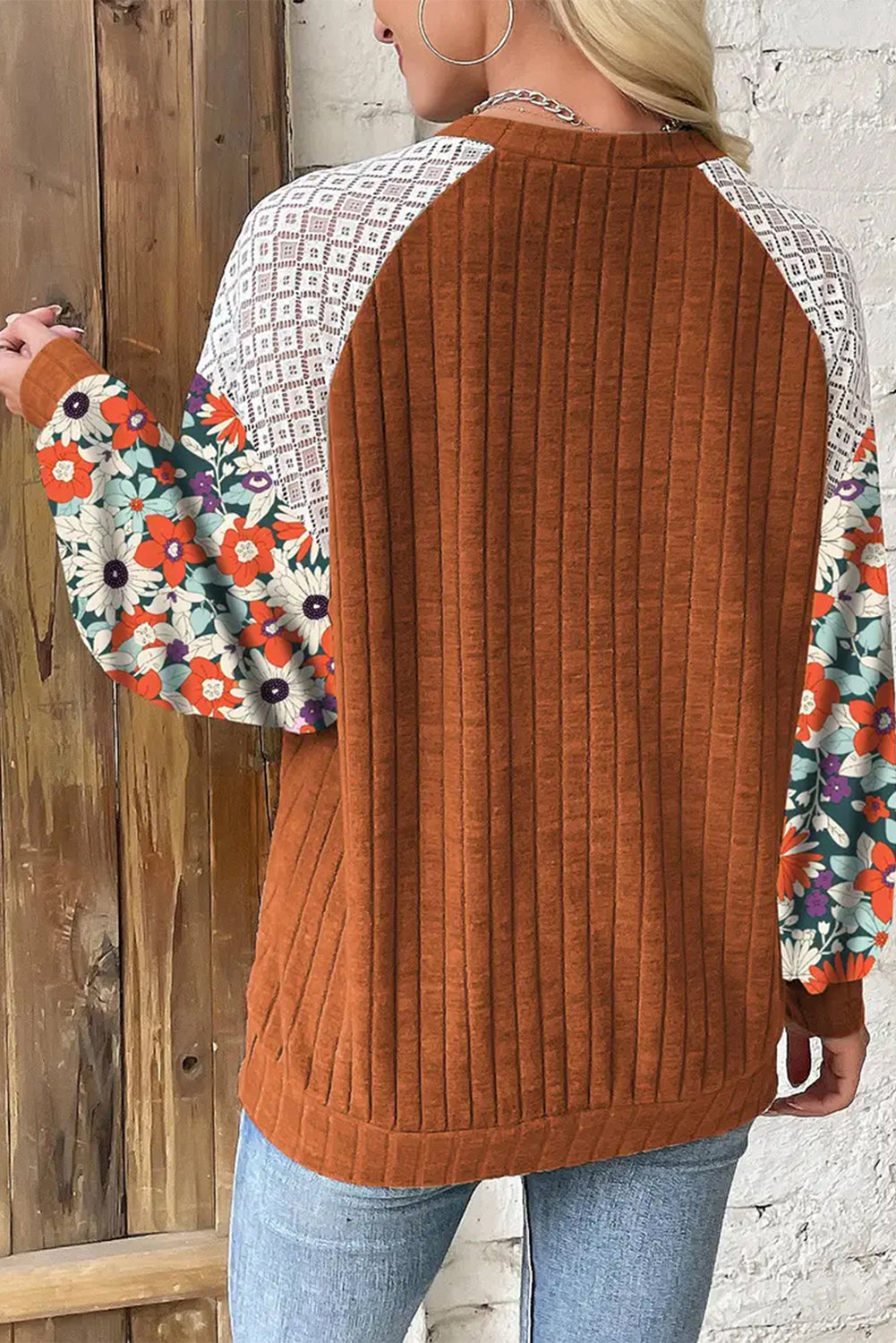 Flowery Sleeve Ribbed Blouse