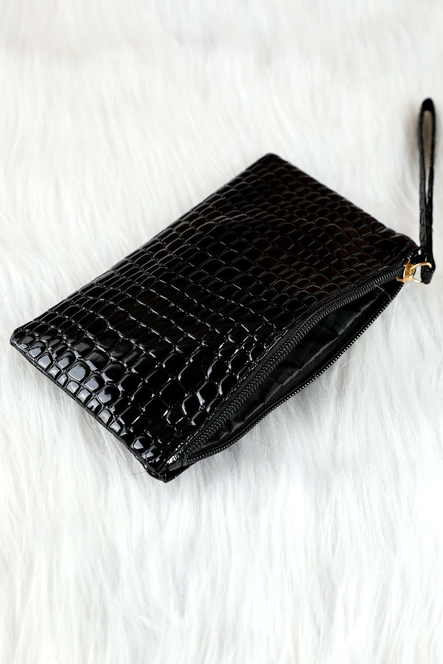 Black Crocodile Print Zip Wristlet Clutch