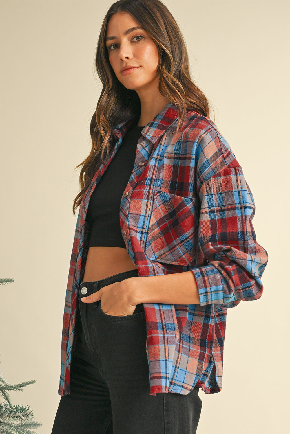 Orange Plaid Print Pocket Loose Shirt