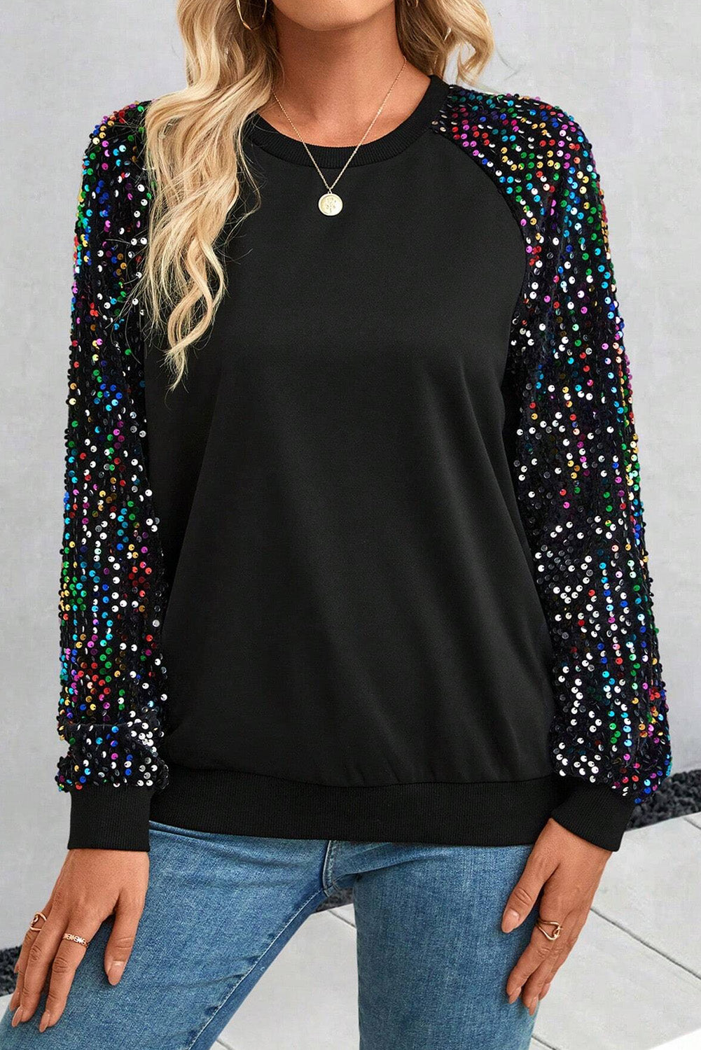 Color Sequin Raglan Sleeve Sweatshirt