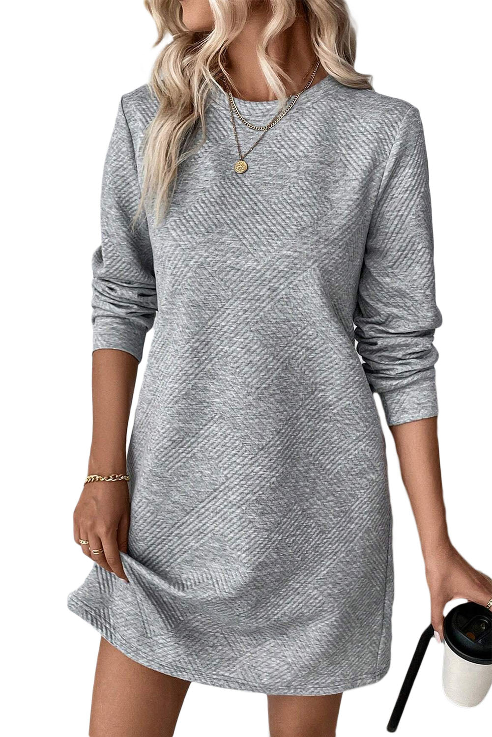 Textured Long Sleeve Shift Dress