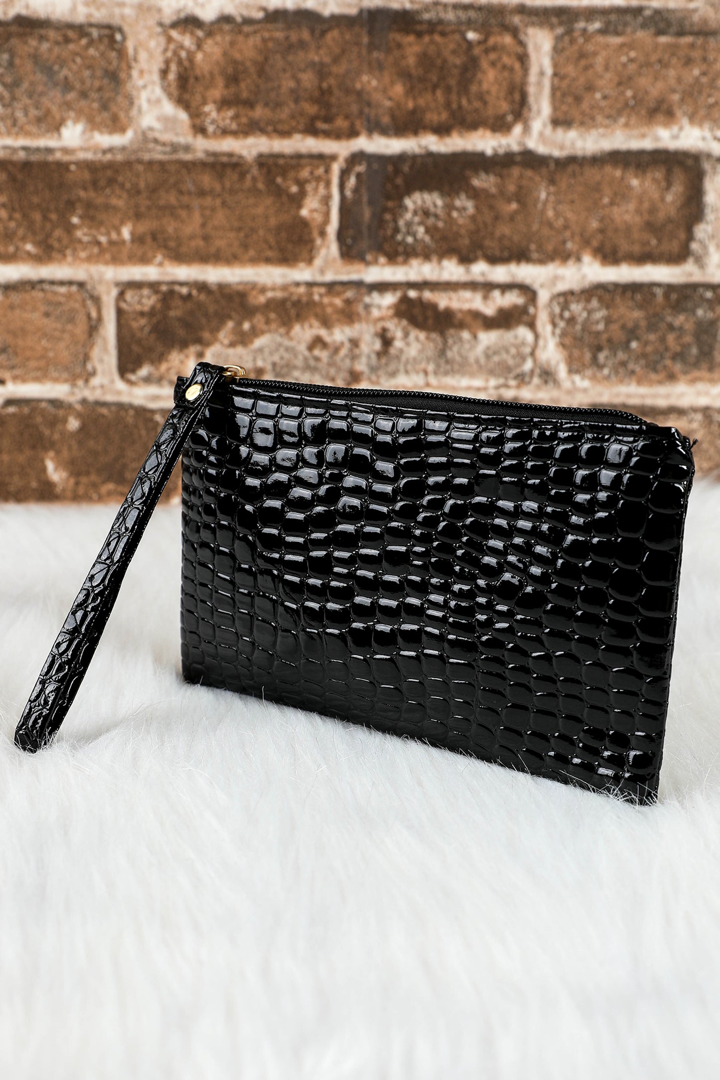 Black Crocodile Print Zip Wristlet Clutch