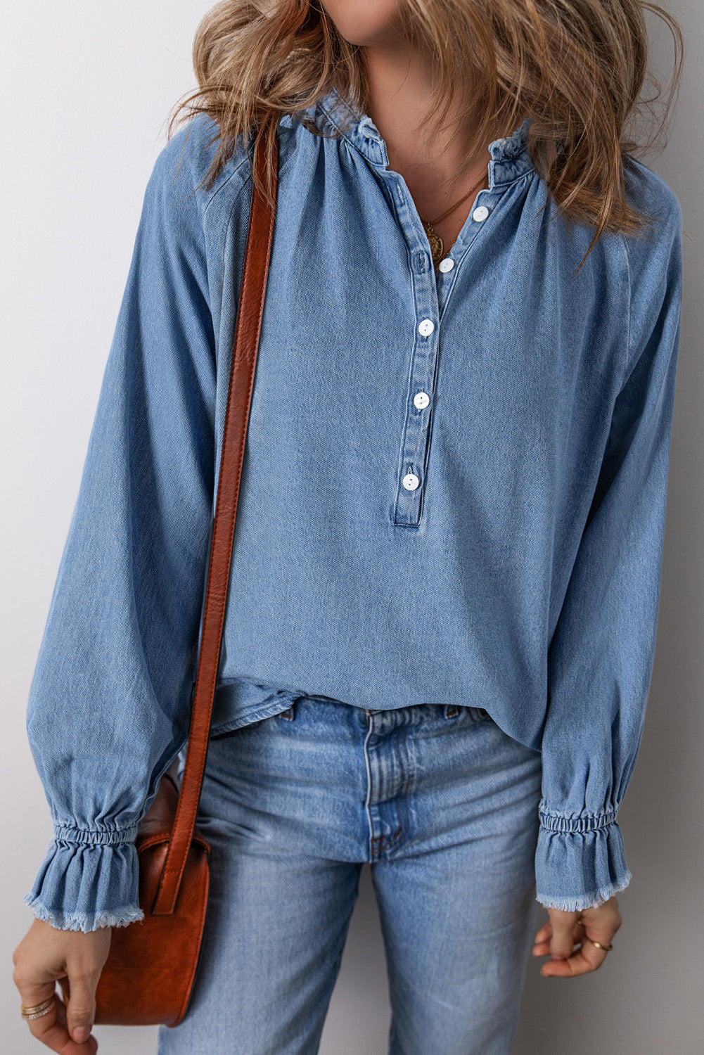 Denim Frayed Trim Denim Blouse