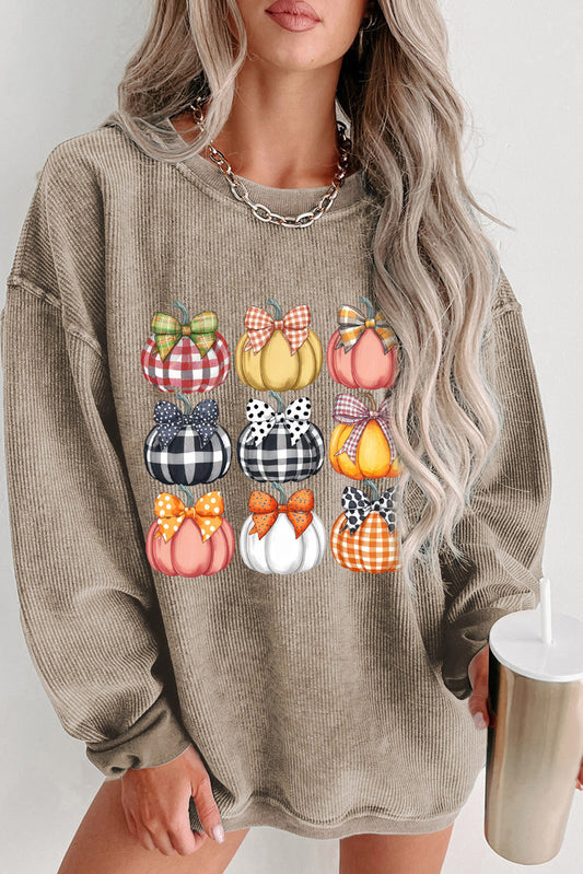 Textured Bows & Pumpkins Graphic Baggy Sweatshirt