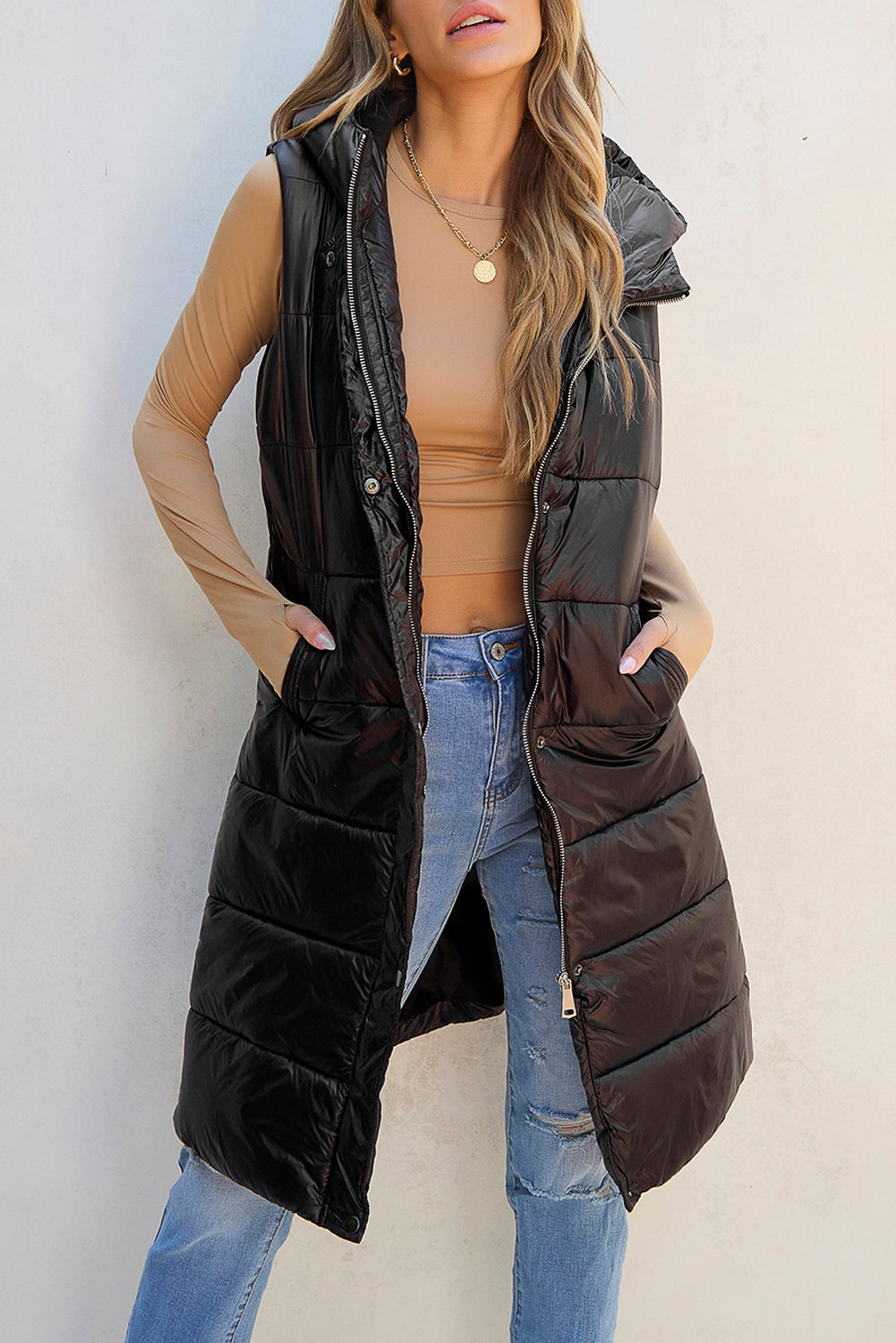 Long Quilted Vest with Hood